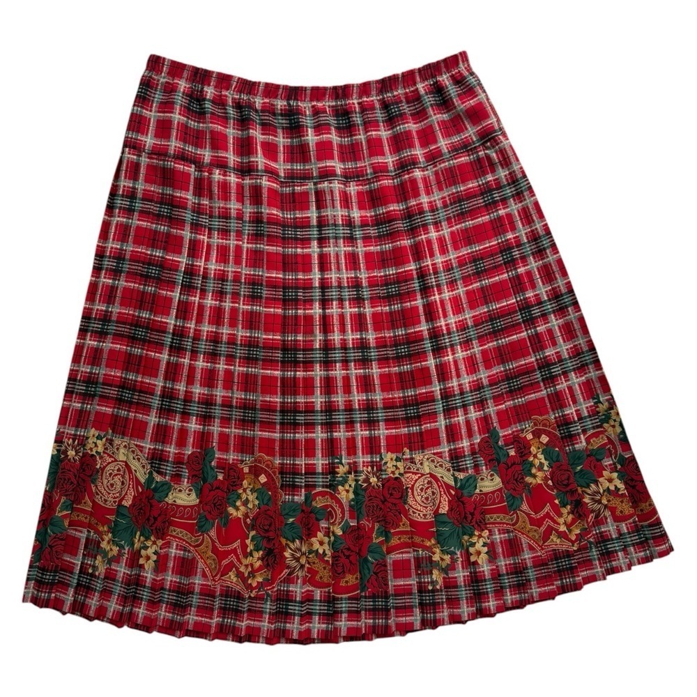 Vtg Tartan Plaid Floral Pleated A-Line Midi Skirt Size 18 Red Union Made 80s
